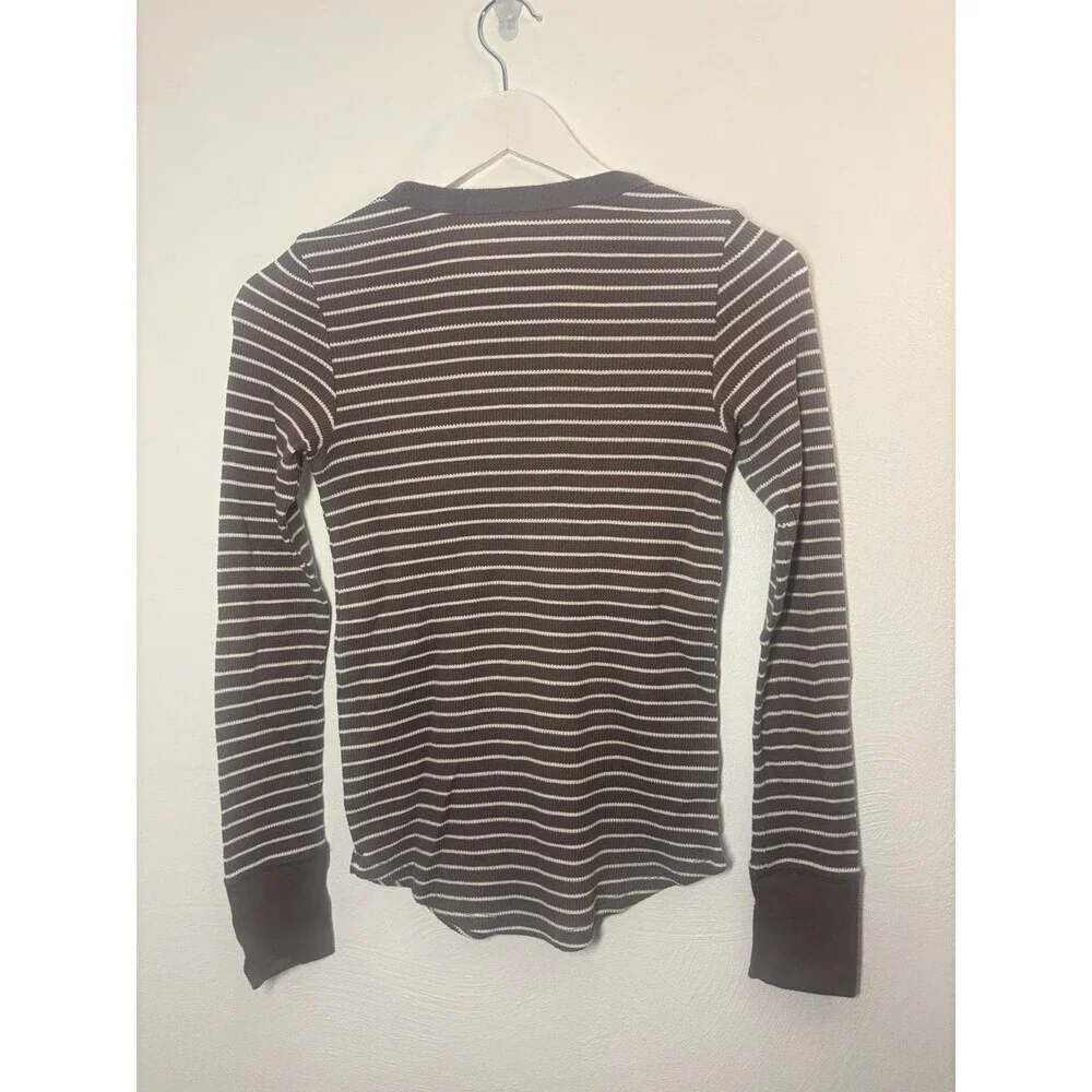 Aerie Ribbed Brown & White Stripe Crew Neck Long Sleeve Shirt Size Small